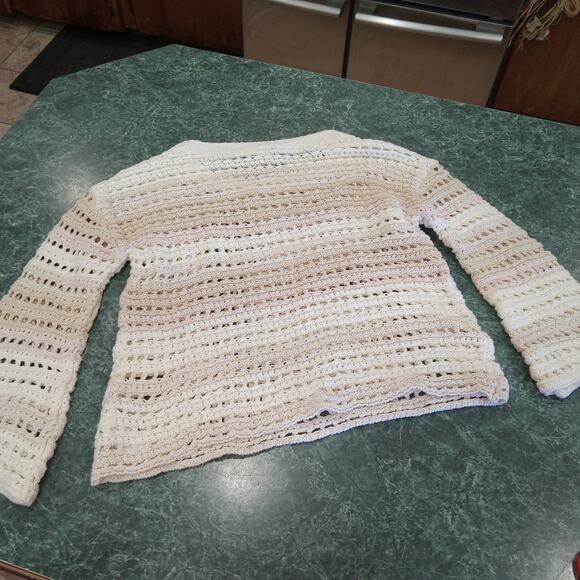 Gap Chunky Open Knit Sweater 100% Cotton Beachy Tan Pink White Crochet Layering - Picture 7 of 9